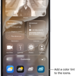 A customized Home Screen clear icons tinted blue and arranged to frame the photo, and controls at the bottom of the screen for customizing icons. Options include Automatic, Dark, Light, and Tinted buttons, options for choosing color and saturation, and Small and Large buttons for setting the icons' size.
