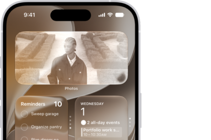 A customized Home Screen clear icons tinted blue and arranged to frame the photo, and controls at the bottom of the screen for customizing icons. Options include Automatic, Dark, Light, and Tinted buttons, options for choosing color and saturation, and Small and Large buttons for setting the icons' size.