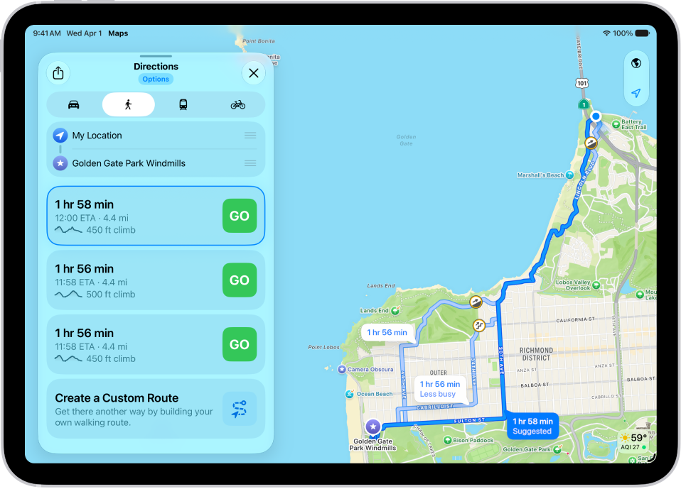 A map with two walking routes, each listed with a Steps button.