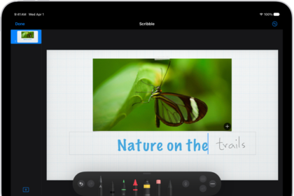 A title is being added to a Keynote slide. As text is handwritten using Apple Pencil, the words turn into typed text.