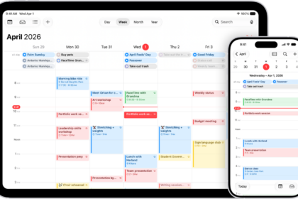 A calendar on iPad in Week view and the same calendar on iPhone in Day view.