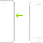 Two iPhone models, screens facing up. On the iPhone with Face ID, the volume buttons are on the left and the side button is on the right. On the iPhone with the Home button, the side button is on the right.