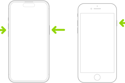 Two iPhone models, screens facing up. On the iPhone with Face ID, the volume buttons are on the left and the side button is on the right. On the iPhone with the Home button, the side button is on the right.