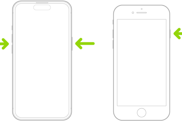 Two iPhone models, screens facing up. On the iPhone with Face ID, the volume buttons are on the left and the side button is on the right. On the iPhone with the Home button, the side button is on the right.