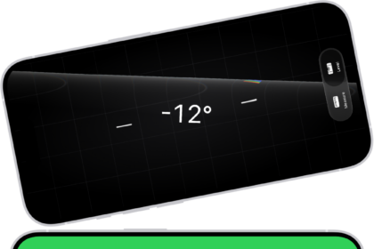 The level screen in the Measure app. On the top, iPhone is tilted at an angle of 10 degrees; on the bottom, iPhone is level.