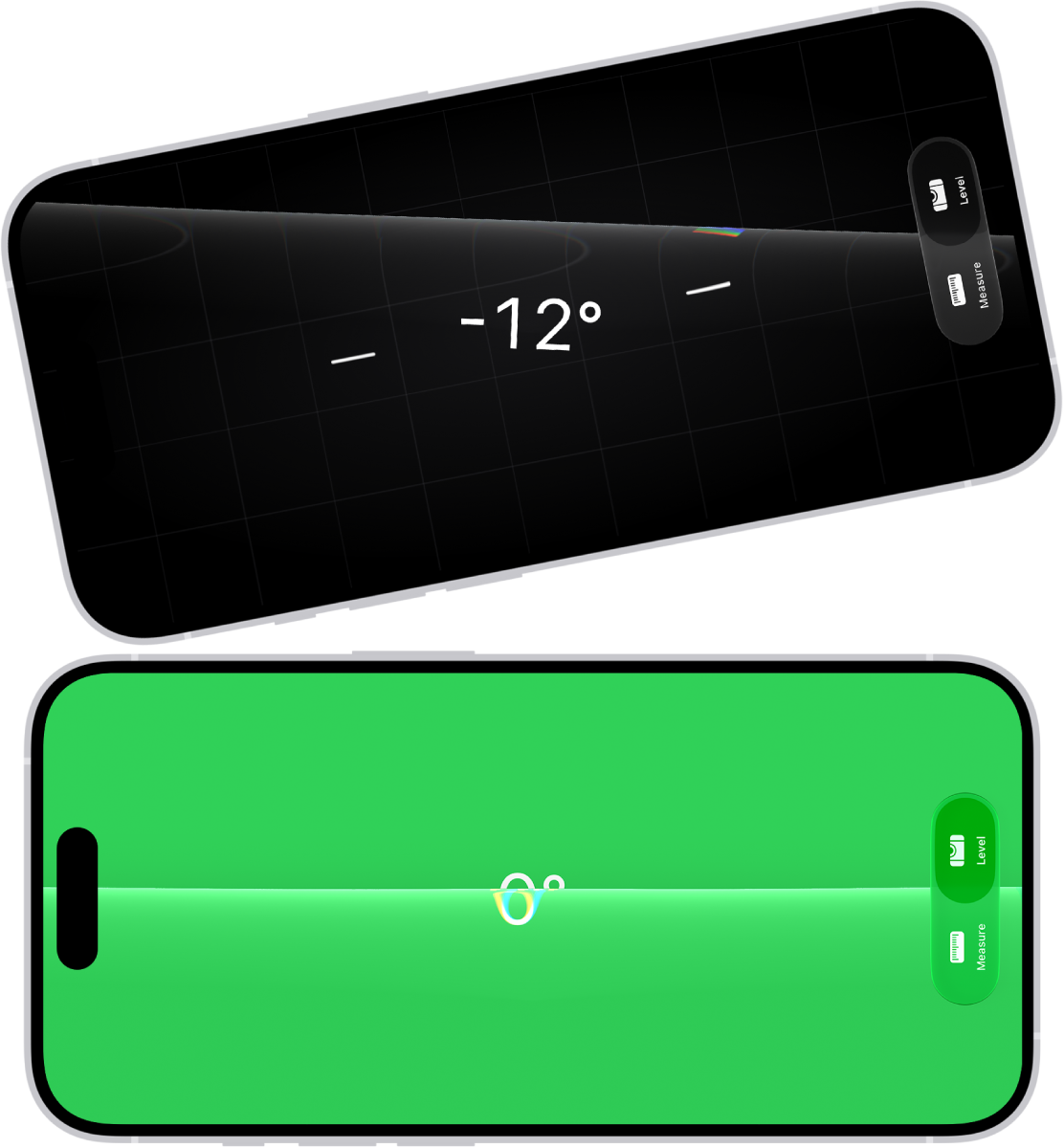 The level screen in the Measure app. On the top, iPhone is tilted at an angle of 10 degrees; on the bottom, iPhone is level.