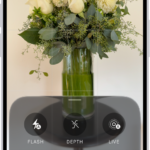 Camera is open in Photo mode. At the bottom of the screen are buttons for the following camera controls: Flash, Depth, Live, Timer, Exposure, and Styles.