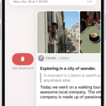 A screen in the Journal app showing journal entries. One entry is swiped right and shows the Bookmark button.