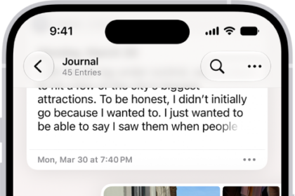A screen in the Journal app showing journal entries. One entry is swiped right and shows the Bookmark button.