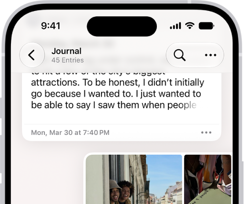 A screen in the Journal app showing journal entries. One entry is swiped right and shows the Bookmark button.