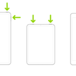 Three iPad models. Two iPad models have a top button; one iPad model has volume buttons on the side, and the other has volume buttons at the top. Arrows point to the top buttons and volume buttons. The third iPad has a Home button, and an arrow points to the Home button and the top button.