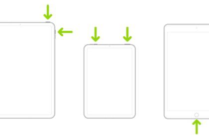 Three iPad models. Two iPad models have a top button; one iPad model has volume buttons on the side, and the other has volume buttons at the top. Arrows point to the top buttons and volume buttons. The third iPad has a Home button, and an arrow points to the Home button and the top button.