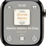 The Play screen for an audiobook. The Close button is at the top left, the More button at the top right, the skip back 15 seconds button at the bottom left, the Play/Pause button at the bottom middle, and the skip ahead 15 seconds button at the bottom right. In the middle is the book art, chapter number, and remaining time in the chapter.