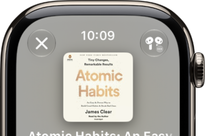 The Play screen for an audiobook. The Close button is at the top left, the More button at the top right, the skip back 15 seconds button at the bottom left, the Play/Pause button at the bottom middle, and the skip ahead 15 seconds button at the bottom right. In the middle is the book art, chapter number, and remaining time in the chapter.