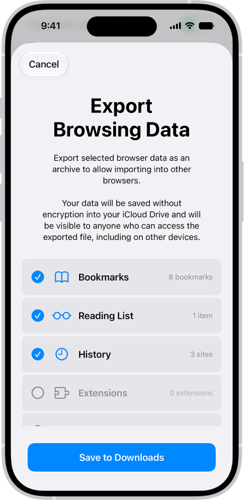 The Export Browsing Data screen, with the Passwords option selected for export to another password manager.