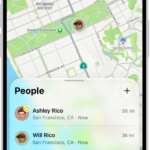 The Find My app showing locations of family members on a map.