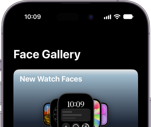 Apple Watch app open to the Face Gallery. The top row shows faces that are new, the next rows show watch faces grouped by type—Health and Fitness, and Photos. You can scroll to see more faces grouped by type.