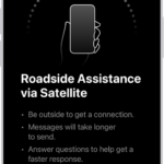The Roadside Assistance via satellite screen. The Request Assistance button is at the bottom of the screen.