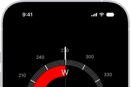 The Compass screen showing the direction iPhone is pointing in, the current location, and the elevation.