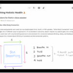 A note for a class brainstorm with tags such as #school and #kine210. The note features a hand-drawn diagram of a box breathing exercise, which illustrates a four-step breathing cycle.