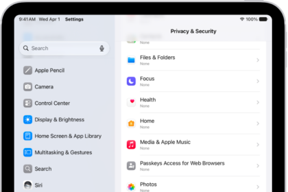 The Privacy & Security screen, with settings to control whether apps can use the camera, microphone, and other parts of your iPad.