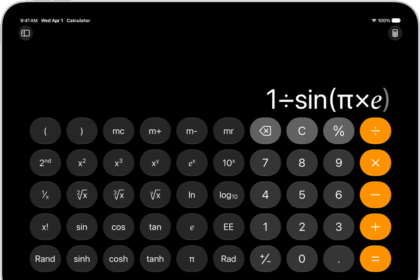 iPad showing the scientific calculator with memory, exponential, logarithmic, and trigonometric functions.