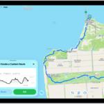 A custom route in the Maps app, with distance, elevation profile, estimated time, and options to save or get directions to the start of the route.