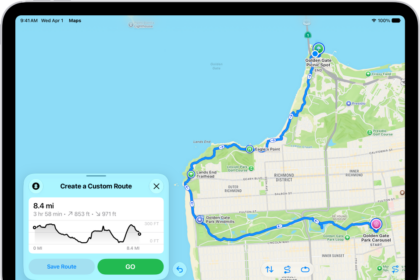 A custom route in the Maps app, with distance, elevation profile, estimated time, and options to save or get directions to the start of the route.