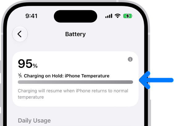 The charging information card in iPhone Battery settings. The card shows the battery at 95% with the message "Charging on Hold: iPhone Temperature." A note below indicates that charging will resume when the iPhone temperature returns to normal.
