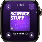 A Podcasts screen showing an episode with the Back, Play, More Options, and Audio Output buttons.