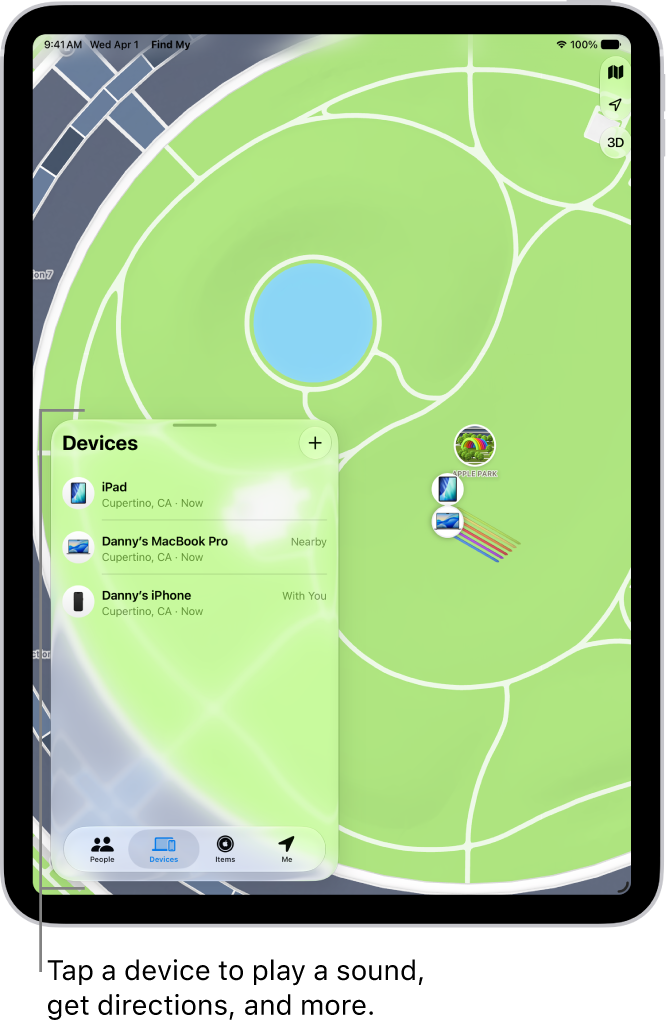 The Find My screen open to the Devices list. The devices listed include Danny's iPad, Danny's iPhone, Danny's Apple Watch, and Danny's AirPods Pro. Their locations are shown on a map near Santa Cruz.
