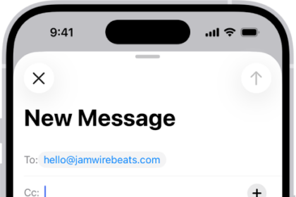 A draft email being composed. The From field is selected with two options listed below it—a personal email address and Hide My Email.