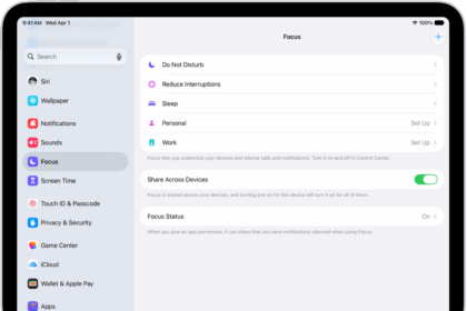 A screen showing six provided Focus options—Do Not Disturb, Driving, No messages during calls, Sleep, Personal, and Work. The Share Across Devices button is on, which allows the same Focus settings to be used across your Apple devices.