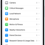 The Privacy & Security screen, with settings to control whether apps can use the camera, microphone, and other parts of your iPhone.