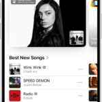 The New tab showing a new album at the top. You can swipe left to see more featured music and videos. The Best New Songs section appears below. You can swipe up on the screen to explore new and recommended music.