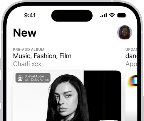 The New tab showing a new album at the top. You can swipe left to see more featured music and videos. The Best New Songs section appears below. You can swipe up on the screen to explore new and recommended music.