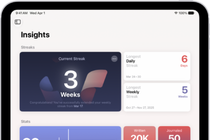 A screen in the Journal app showing the current streak and metrics, like number of words written.
