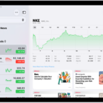 The Stocks screen on iPad includes a chart showing the performance for a stock over the course of a morning. On the left are a list of ticker symbols. Above the chart are buttons to display the stock performance over a week or larger increments of months and years, up to 10 years. Below the chart are stock details such as opening price, high, low, and market cap, and links to business-related news.