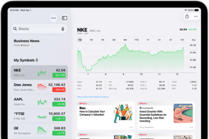 The Stocks screen on iPad includes a chart showing the performance for a stock over the course of a morning. On the left are a list of ticker symbols. Above the chart are buttons to display the stock performance over a week or larger increments of months and years, up to 10 years. Below the chart are stock details such as opening price, high, low, and market cap, and links to business-related news.