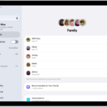 The Family screen in Settings. Up to five family members are listed above the features that are shared.
