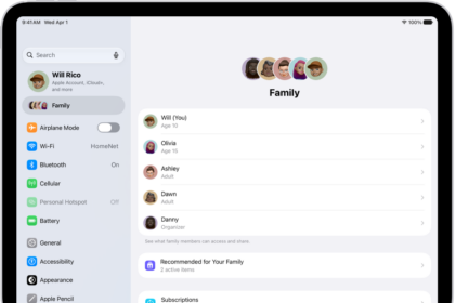 The Family screen in Settings. Up to five family members are listed above the features that are shared.