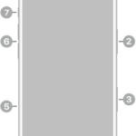 The front view of iPhone 17. The front camera is at the top center. The side button is on the right side. The USB-C connector is on the bottom. On the left side, from bottom to top, are the SIM tray, the volume buttons, and the Action button.