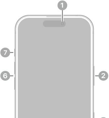 The front view of iPhone 17. The front camera is at the top center. The side button is on the right side. The USB-C connector is on the bottom. On the left side, from bottom to top, are the SIM tray, the volume buttons, and the Action button.