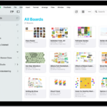 Freeform is open on iPad. All Boards is selected in the sidebar, and board thumbnails appear on the right.