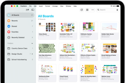 Freeform is open on iPad. All Boards is selected in the sidebar, and board thumbnails appear on the right.