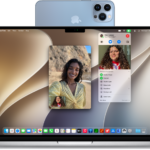 A MacBook Pro using an iPhone as a webcam and showing a FaceTime conversation.