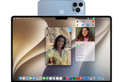 A MacBook Pro using an iPhone as a webcam and showing a FaceTime conversation.