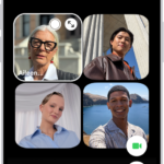 A Group FaceTime call with five participants. Each participant appears in a separate tile. The FaceTime controls are at the bottom-right side of the screen.