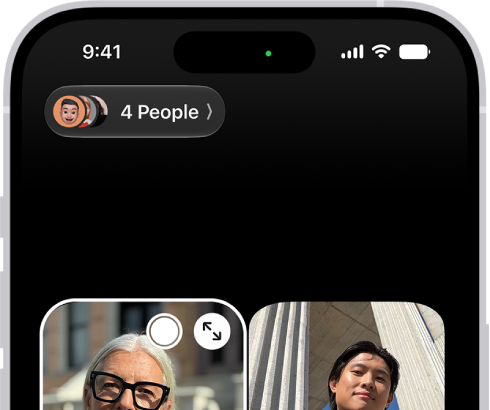 A Group FaceTime call with five participants. Each participant appears in a separate tile. The FaceTime controls are at the bottom-right side of the screen.