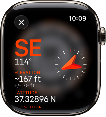 The Compass app showing the Info screen. The bearing appears at the middle left with compass direction (southeast) and degrees (114 degrees). Current incline and elevation are shown below. A compass indicator is on the right. A close button is at the top left.